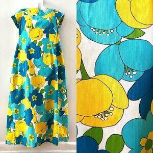 Epic Vintage Hawaiian Maxi Dress Floral 60s 70s Mod Tiki Bar Waterfall  Back